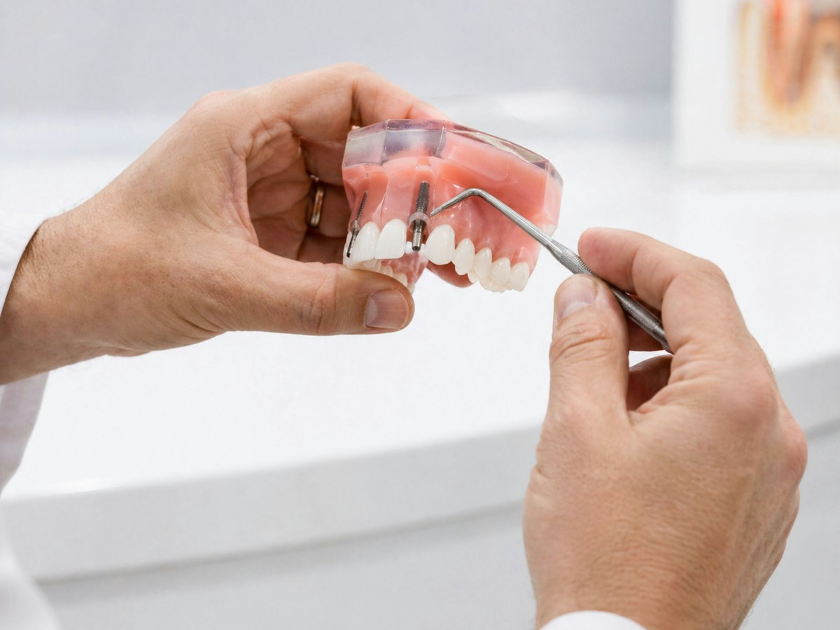 Model zubního implantátu držený v ruce s dentálním nástrojem ukazujícím na implantát